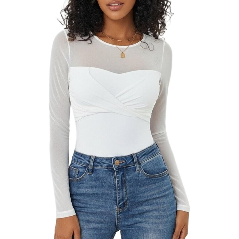 Women's Bodysuits Long Sleeve Crew Neck One Piece Sheer Twist Knot Tops White